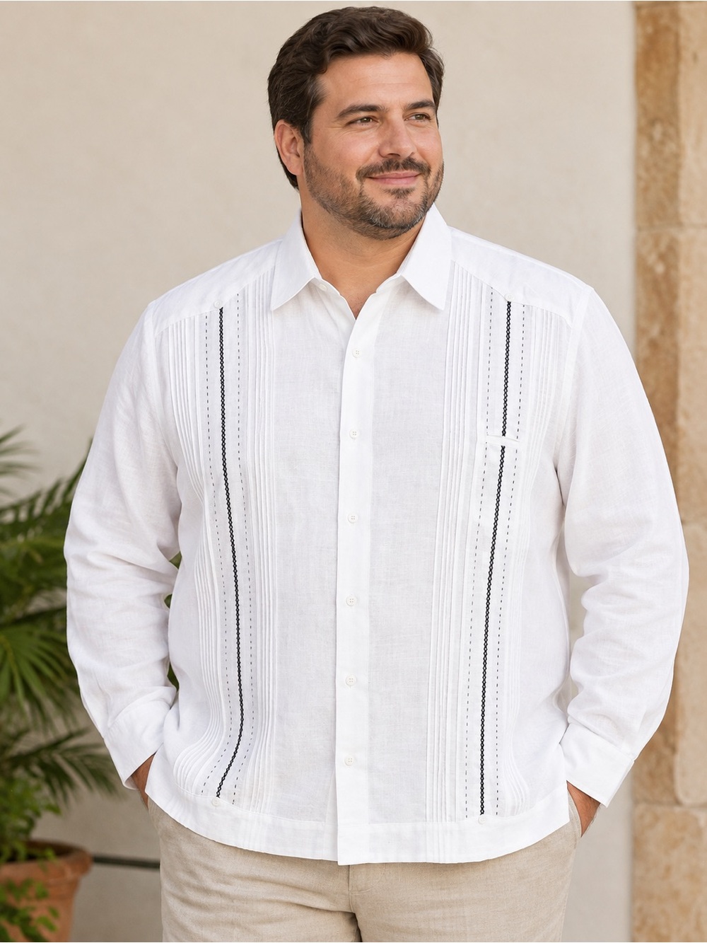 Oh White Linen-Blend Embroidered Casual Button-Down Shirt